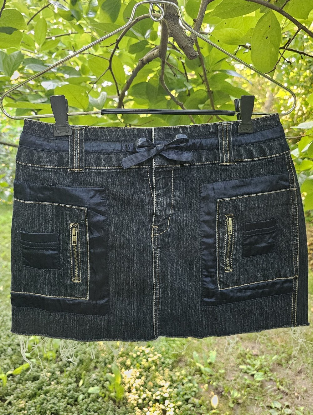 Vintage Y2K MossIssue Denim Mini Skirt with Satin Pocket Trim And A Bowtie